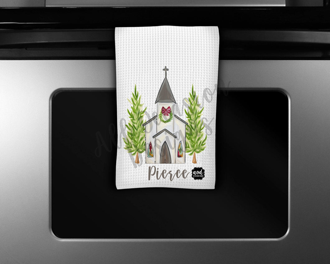 Kitchen Tea Towel | Dish Towels Personalized | Church with Wreath